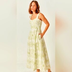 Endless Rose Green Pistachio Eyelet Embroidered White Cotton Maxi Dress Size M
